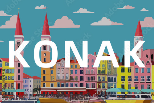 Konak: Modern illustration of a Turkish scene with the name Konak in İzmir