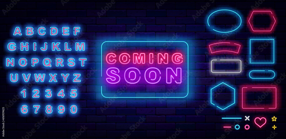 Coming soon neon emblem. Different shape frames collection. Party and sale prepare. Vector stock illustration Coming soon neon emblem. Different shape frames collection. Party and sale prepare. Vector stock illustration