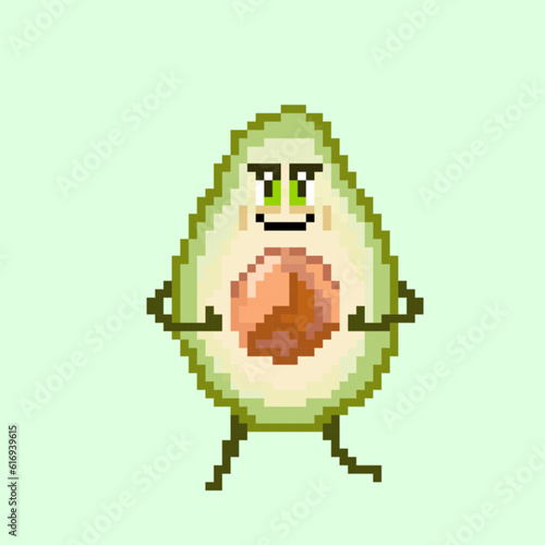 pixel art Avocado character 8 bit retro style. Smiling cute vegetable. Vector illustrations for game assets, sprite and cross stitch. Sketch. Green avocado in the section, the stone is visible