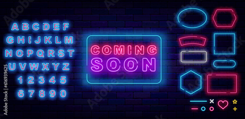 Coming soon neon emblem. Different shape frames collection. Party and sale prepare. Vector stock illustration