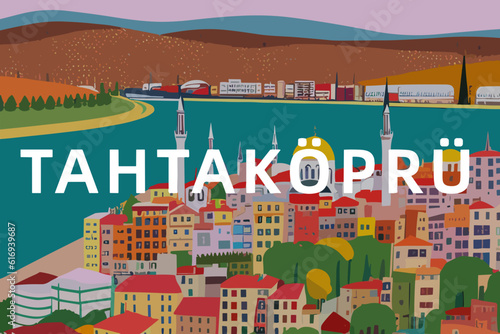 Tahtaköprü: Modern illustration of a Turkish scene with the name Tahtaköprü in Bursa