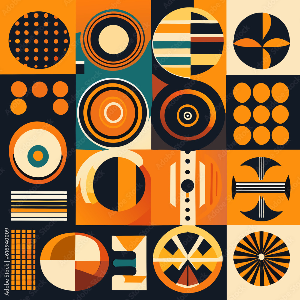 Retro geometric seamless pattern with circles and squares. Vector illustration.