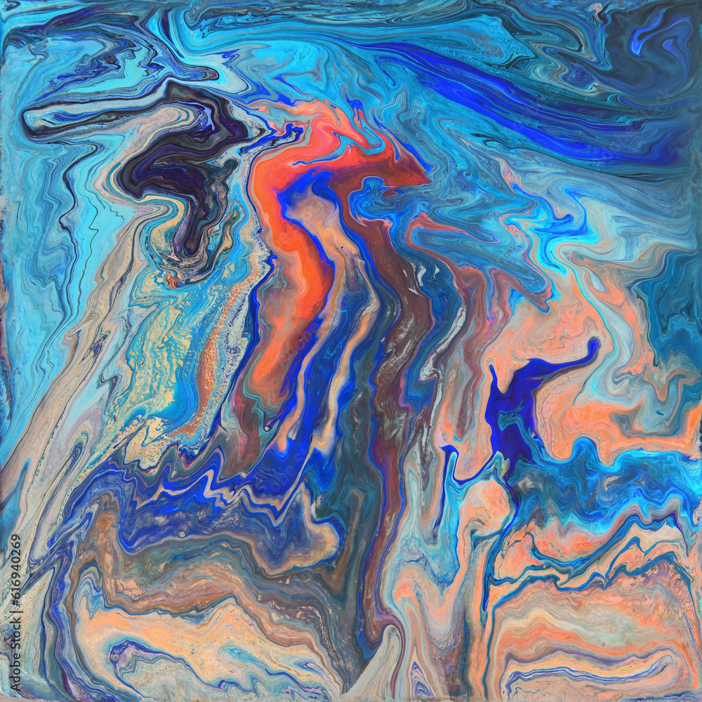 Fantastic landscape. Chaotic blue and orange swirly shapes. Abstract hand painted acrylic texture. Fluid art.