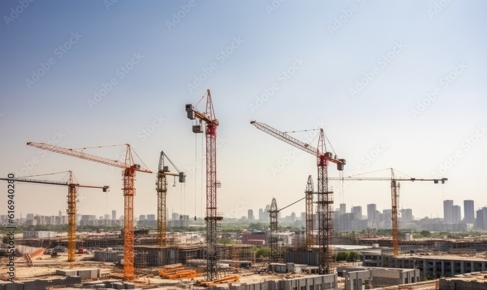 View of a construction site with tall cranes and unfinished buildings. Creating using generative AI tools View of a construction site with tall cranes and unfinished buildings. Creating using generative AI tools