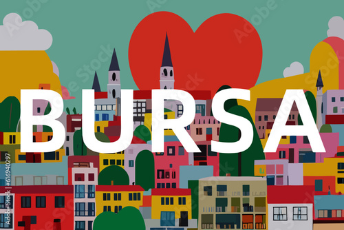 Bursa: Modern illustration of a Turkish scene with the name Bursa in Bursa