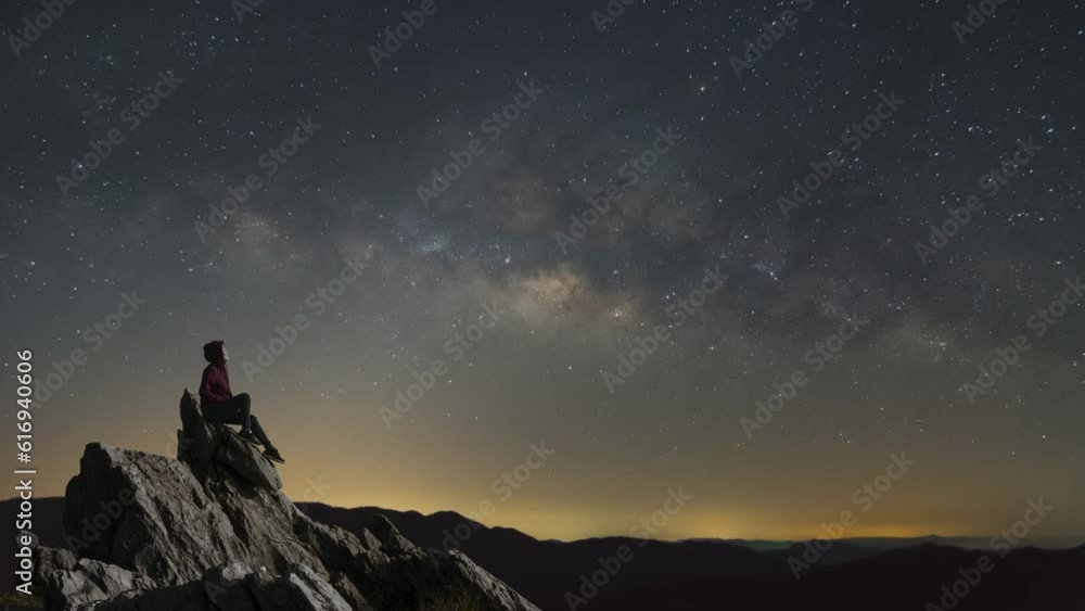 Time-lapse video animation Tourist woman sitting on the rock, Doi Pha Tang view point, dark night sky The Milky Way galaxy slowly moves in time in the sky in Chiang Rai, Thailand. Time-lapse video animation Tourist woman sitting on the rock, Doi Pha Tang view point, dark night sky The Milky Way galaxy slowly moves in time in the sky in Chiang Rai, Thailand.