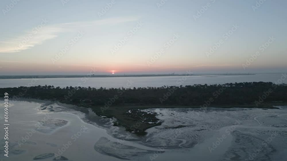 aerial view of orange Sunrise in slow motion near Setubal, Portugal aerial view of orange Sunrise in slow motion near Setubal, Portugal