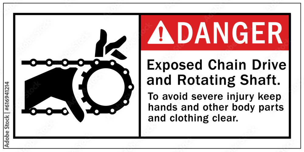 Rotating shaft hazard sign and labels exposed chain drive and rotating