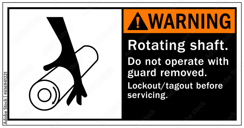 Rotating shaft hazard sign and labels do not operate with guard removed ...