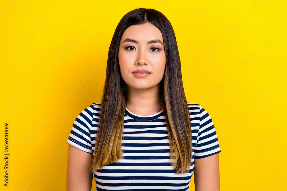 Portrait of pretty cute asian appearance lady look camera fresh makeup plump lips ombre hairdo isolated bright yellow background Portrait of pretty cute asian appearance lady look camera fresh makeup plump lips ombre hairdo isolated bright yellow background
