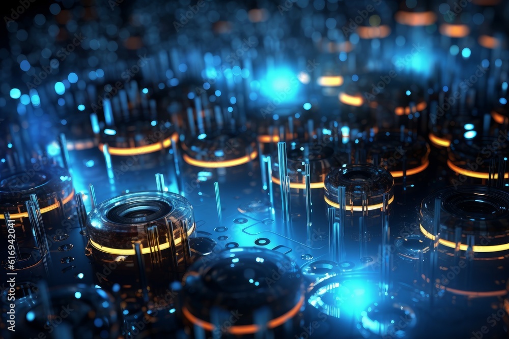 Modern technology glass glowing objects lights system AI background. Generative AI 1 Modern technology glass glowing objects lights system AI background. Generative AI 1