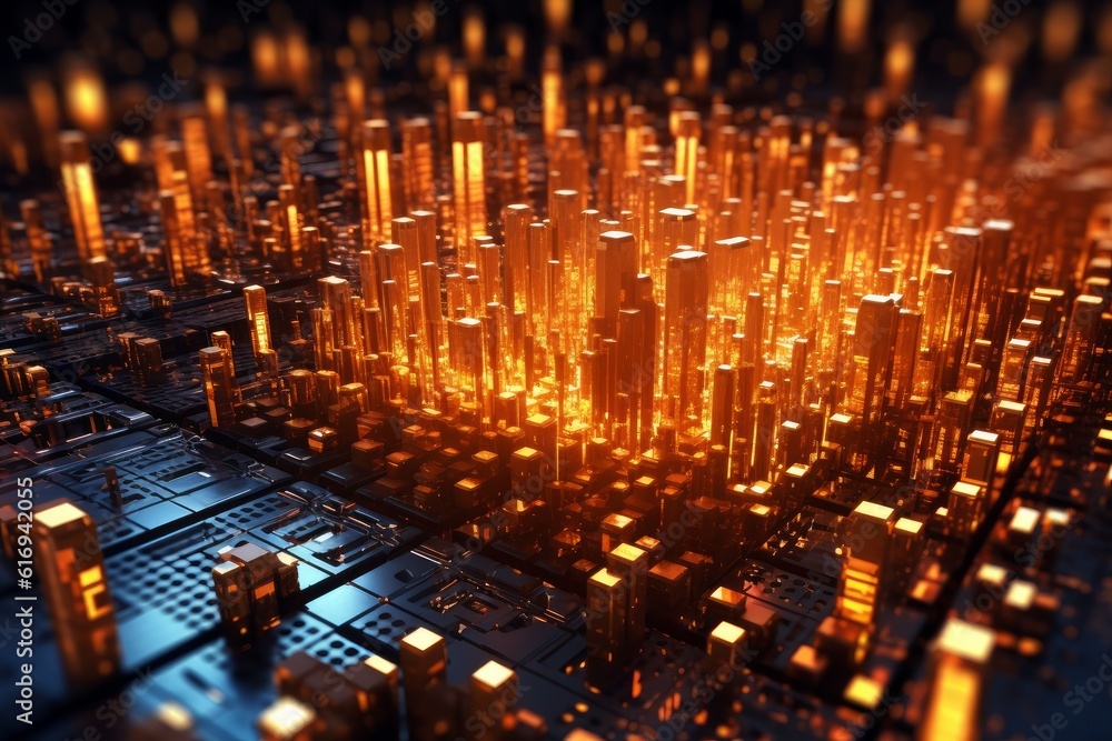 Obraz premium Modern technology glass glowing objects lights system AI background. Generative AI 3