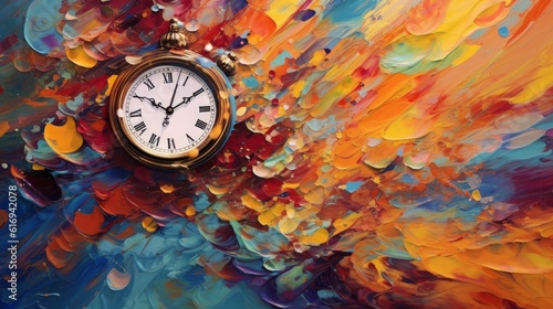 Old clock on an watercolor painting on an abstract patterned background. Generative AI 1 
