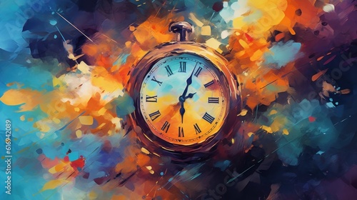 Old clock on an watercolor painting on an abstract patterned background. Generative AI