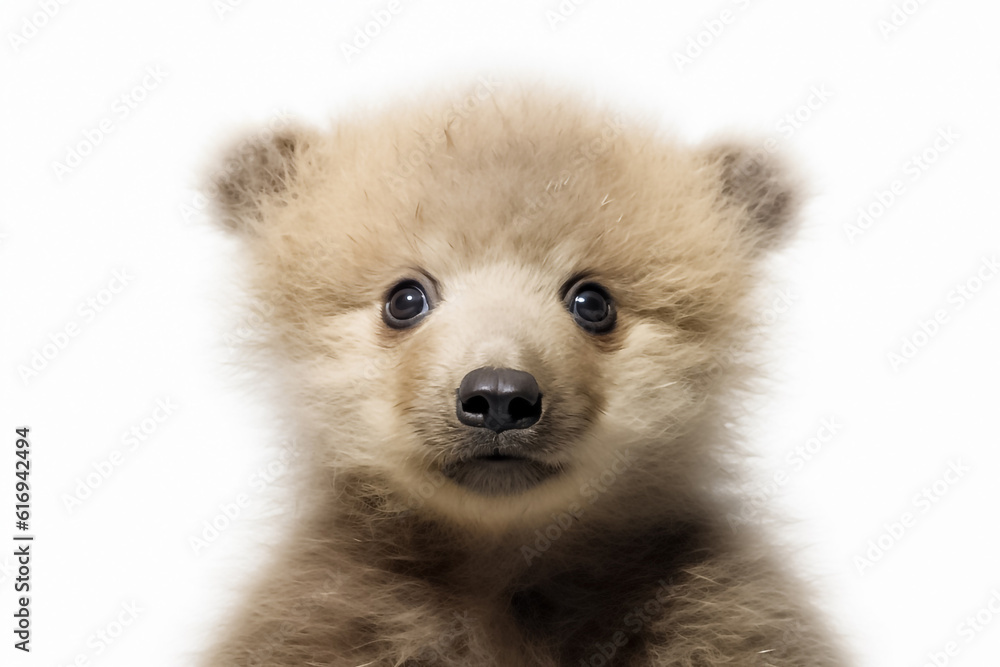 Obraz premium A cute baby grizzly takes the spotlight in a studio setting, standing against a white backdrop. Generative AI.