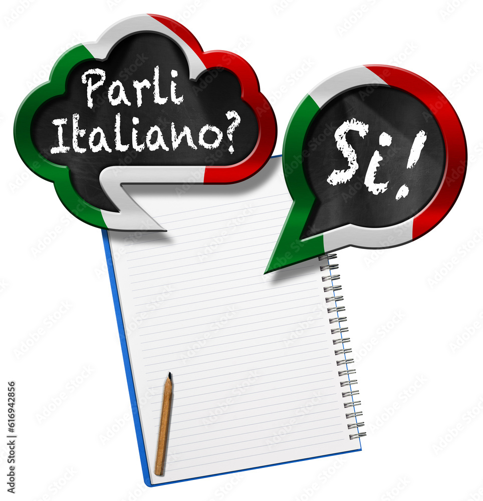 Two speech bubbles with Italian flag and question Parli Italiano? and
