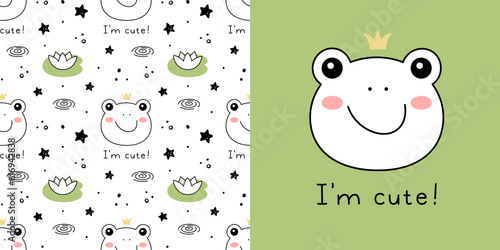 Hand drawn Little frog princess in doodle style for designing baby clothes. Postcard with frog and seamless pattern. Cartoon Bohemian nursery print. Kids design texture. Vector illustration.