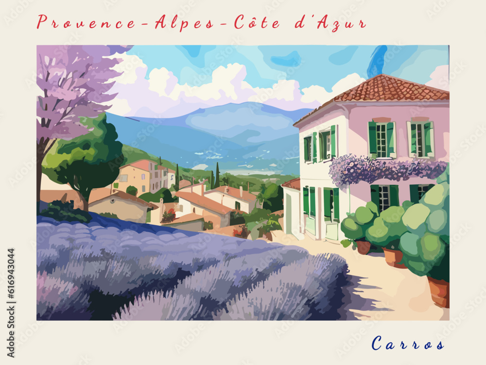 Carros: Retro tourism poster with a French landscape and the headline Carros / Provence-Alpes-Côte d’Azur