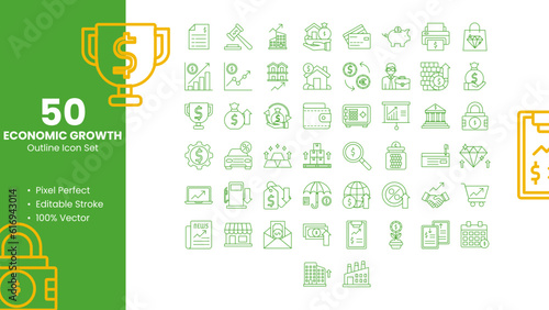 Set of 50 line icons related to Economic Growth. Pixel Perfect Icon. Outline icon collection. Editable stroke. Vector illustration.