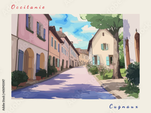 Cugnaux: Retro tourism poster with a French landscape and the headline Cugnaux / Occitanie