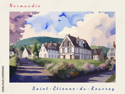 Saint-Étienne-du-Rouvray: Retro tourism poster with a French landscape and the headline Saint-Étienne-du-Rouvray / Normandie