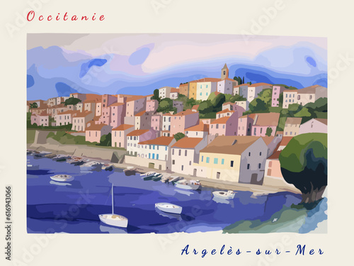 Argelès-sur-Mer: Retro tourism poster with a French landscape and the headline Argelès-sur-Mer / Occitanie