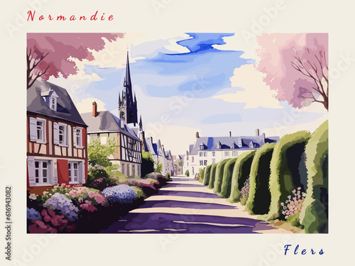Flers: Retro tourism poster with a French landscape and the headline Flers / Normandie photo