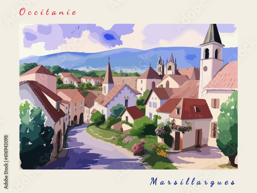Marsillargues: Retro tourism poster with a French landscape and the headline Marsillargues / Occitanie photo