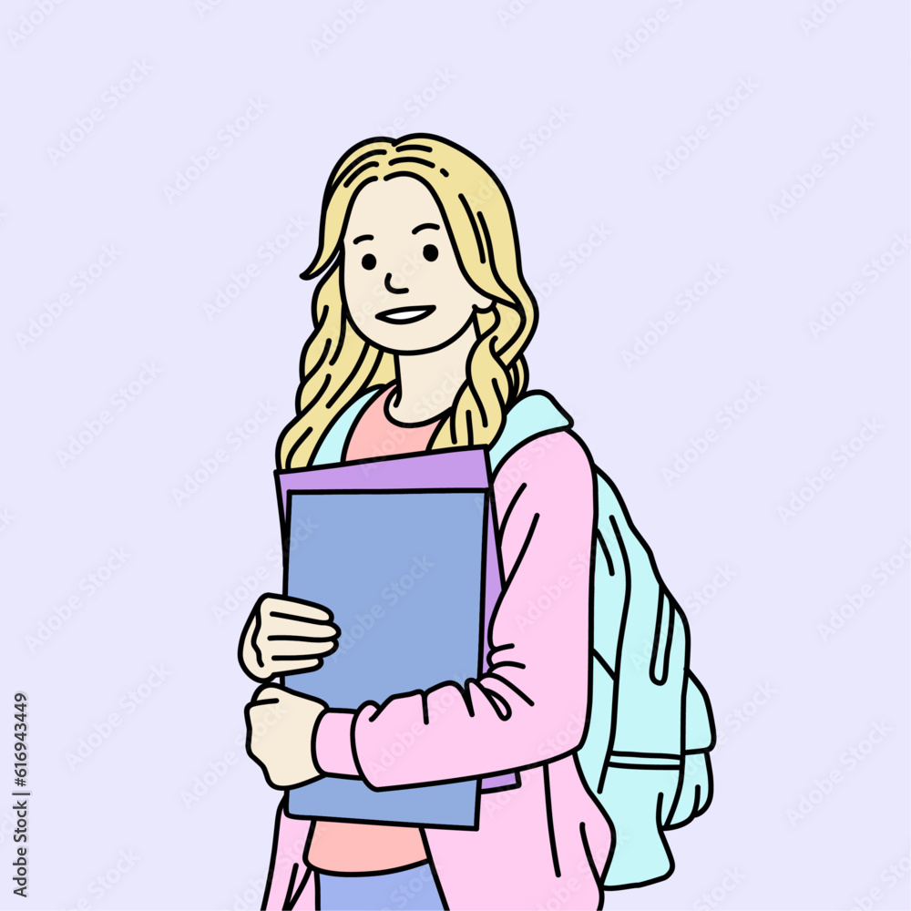 School girl with books going to school. Student go to school. College student. School girl with books going to school. Student go to school. College student.