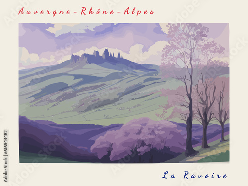 La Ravoire: Retro tourism poster with a French landscape and the headline La Ravoire / Auvergne-Rhône-Alpes
