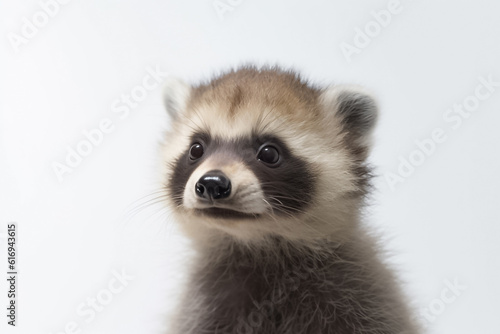 The innocence of a baby Japanese Tanuki bear is accentuated in a studio photograph, set against a clean white background. Generative AI. © Surachetsh