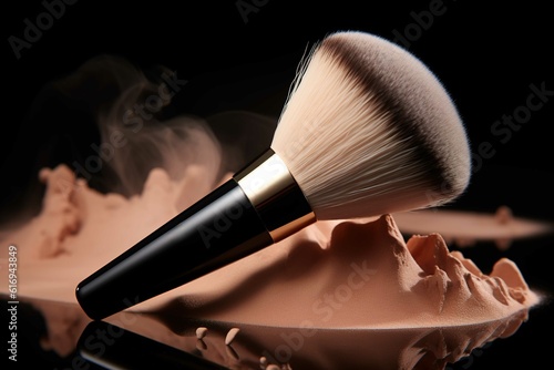 Cosmetics brush and explosion makeup powder, creative concept. Generative ai