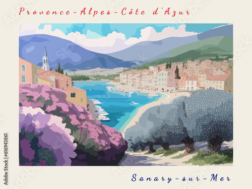 Sanary-sur-Mer: Retro tourism poster with a French landscape and the headline Sanary-sur-Mer / Provence-Alpes-Côte d’Azur