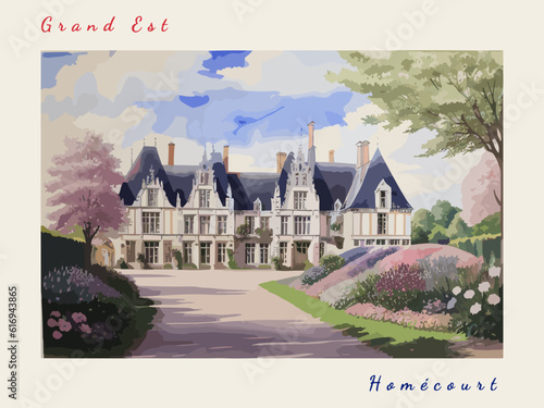 Homécourt: Retro tourism poster with a French landscape and the headline Homécourt / Grand Est
