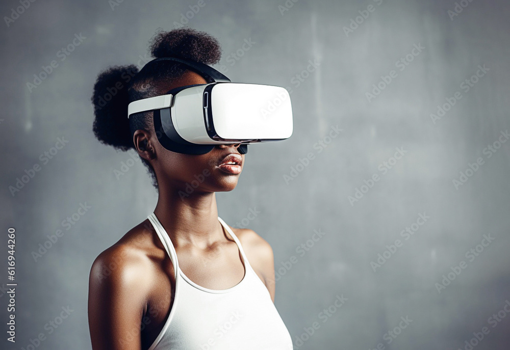 Ai generative. Happy young woman, VR headset, photo style, minimalist, Ai generative. Happy young woman, VR headset, photo style, minimalist,