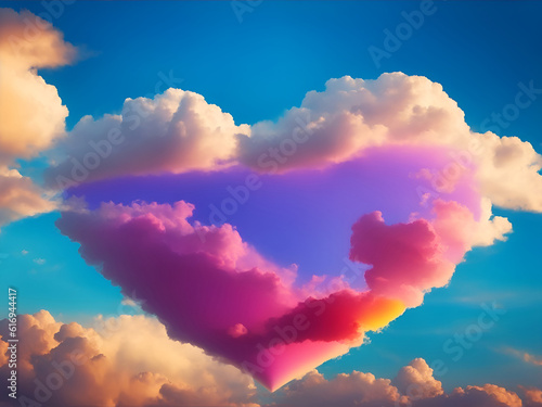 Colorful heart shape cloud in the sky,heart in the sky with clouds at sunset, generative ai