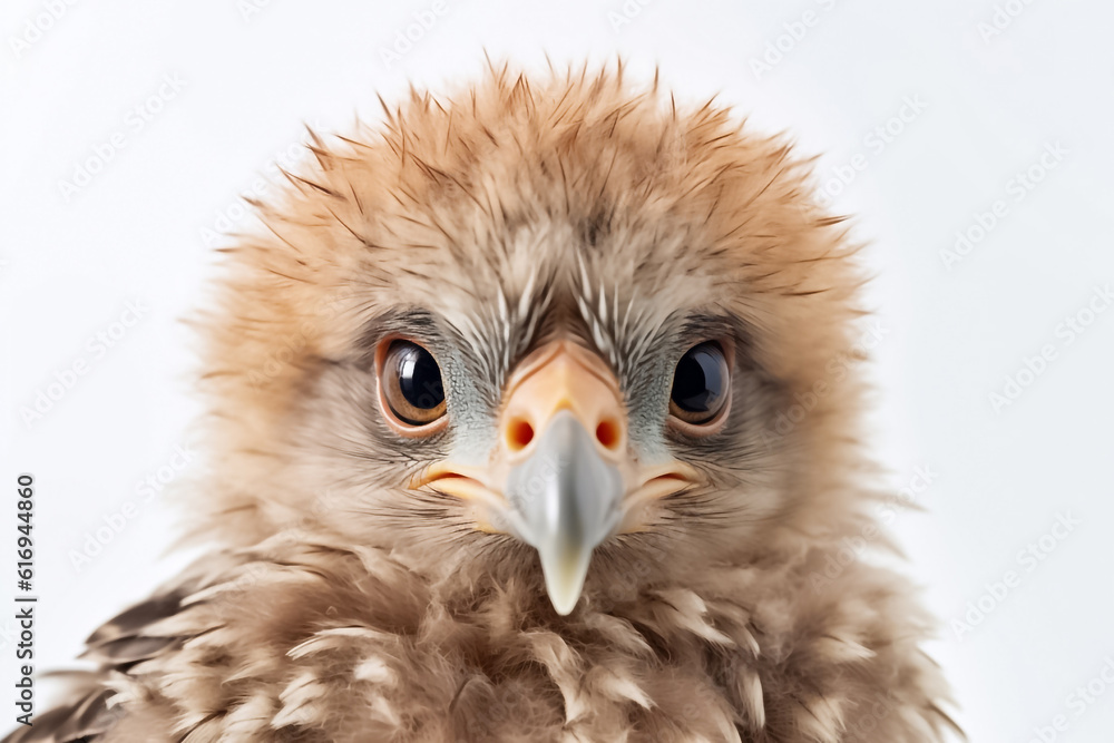 Fototapeta premium A studio captures the essence of a baby eagle, highlighting its adorable features against a white background. Generative AI.