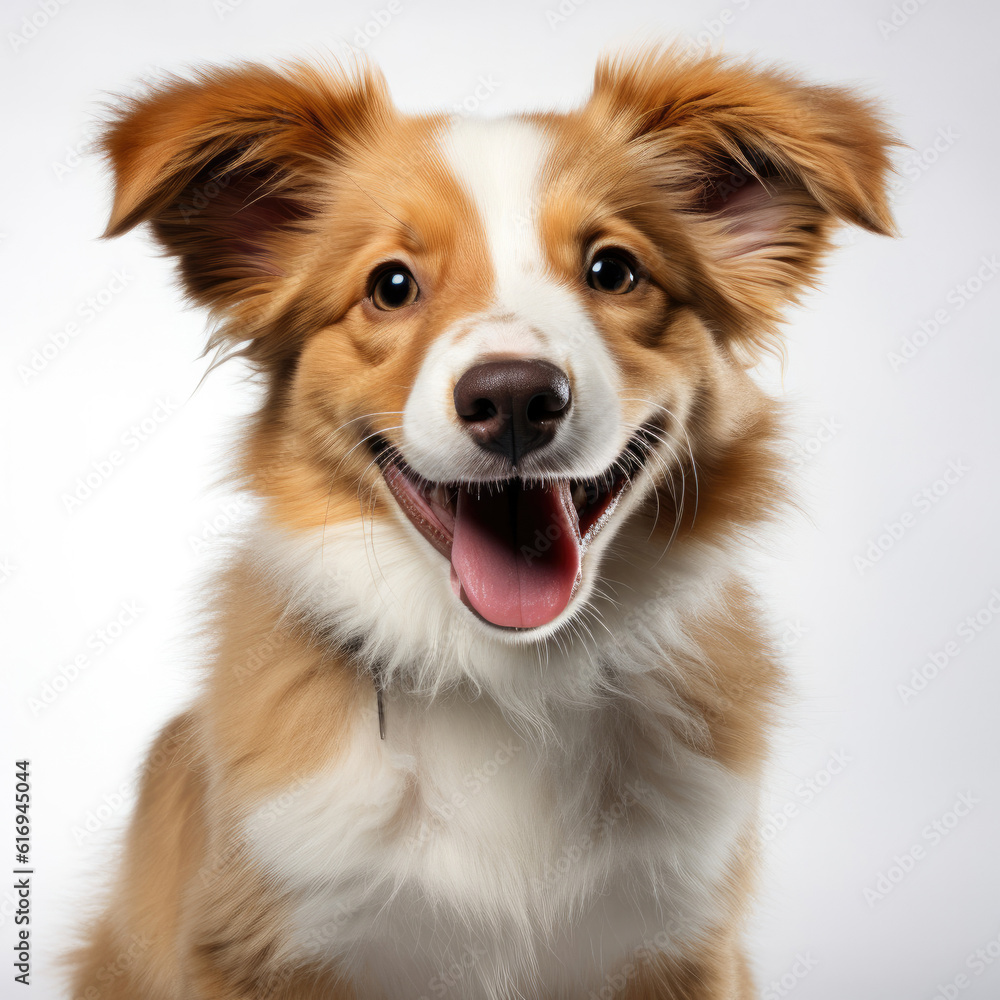 A cheerful Border Collie puppy (Canis lupus familiaris) with a brown and white coat, wearing a happy expression. A cheerful Border Collie puppy (Canis lupus familiaris) with a brown and white coat, wearing a happy expression.