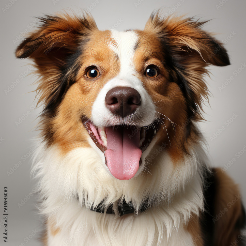 A cheerful Border Collie puppy (Canis lupus familiaris) with a brown and white coat, wearing a happy expression.