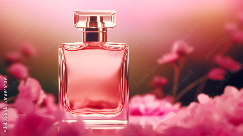 Luxurious floral scent, fragrance bottle and pink flowers, perfume commercial in flower garden, bespoke perfumery and beauty product sale, generative ai Luxurious floral scent, fragrance bottle and pink flowers, perfume commercial in flower garden, bespoke perfumery and beauty product sale, generative ai