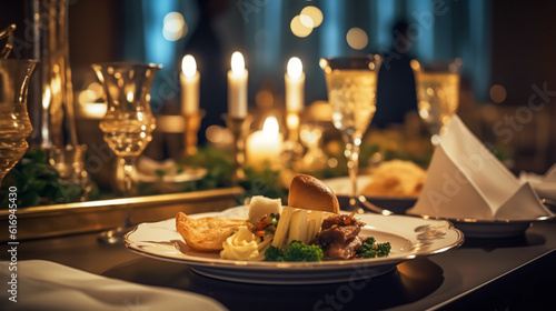 Luxury food service  appetisers and desserts served at a restaurant or formal dinner event in classic English style in the luxurious hotel or country estate  generative ai