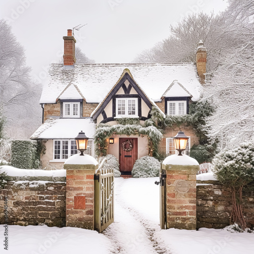 Beautiful country cottage decorated for Christmas on a snowy winter day, holiday and celebration, generative ai