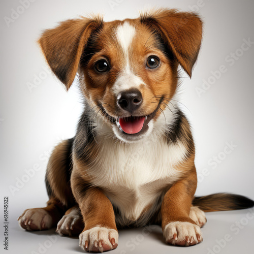 An adorable Jack Russell puppy (Canis lupus familiaris) sitting with a playful expression. © blueringmedia