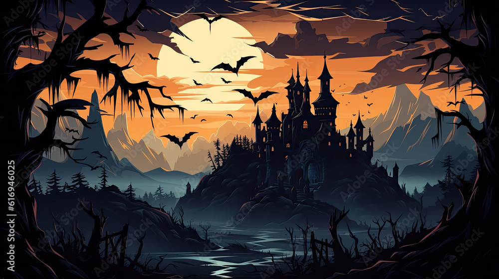 Halloween atmosphere, an old American house in the 80s is dressed up as a Halloween haunted house, dark, the outside of the haunted house is full of cobwebs,Vector Halloween atmosphere, an old American house in the 80s is dressed up as a Halloween haunted house, dark, the outside of the haunted house is full of cobwebs,Vector