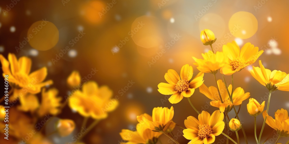 Yellow flowers in a summer meadow. Panorama in the form of yellow heliopsis flowers on a sunny meadow with highlights. Nature in spring and summer. Yellow flowers in a summer meadow. Panorama in the form of yellow heliopsis flowers on a sunny meadow with highlights. Nature in spring and summer.