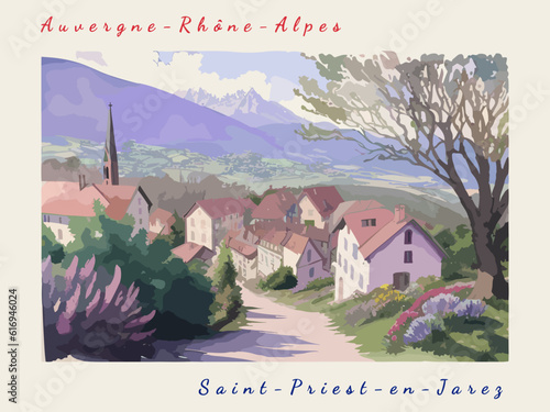 Saint-Priest-en-Jarez: Postcard design with a scene in France and the city name Saint-Priest-en-Jarez