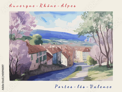 Portes-lès-Valence: Postcard design with a scene in France and the city name Portes-lès-Valence