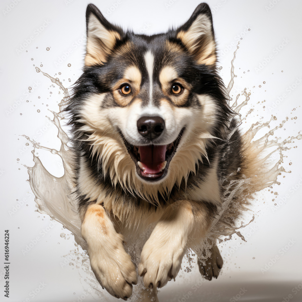 A Siberian Husky (Canis lupus familiaris) with dichromatic eyes in a running pose. A Siberian Husky (Canis lupus familiaris) with dichromatic eyes in a running pose.