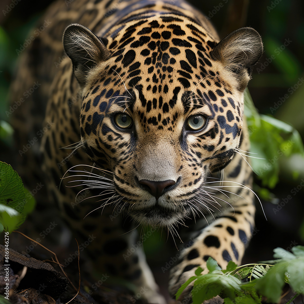Obraz premium A sleek jaguar (Panthera onca) stealthily moving through the vibrant rainforest. Taken with a professional camera and lens.