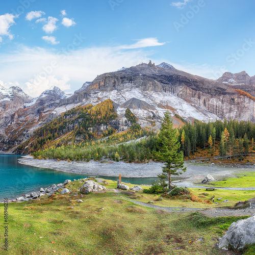 Fabulous autumn view of Oeschinensee Lake.